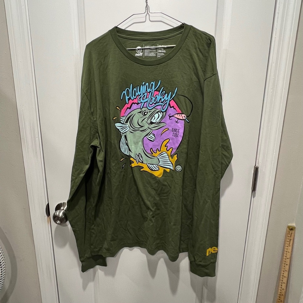 Neff Mens Long Sleeve T-Shirt Playing Hooky Fish Graphic Olive Green Size 2X